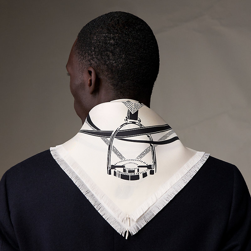 Grand Manege fringed scarf 80 - White | Hermès USA